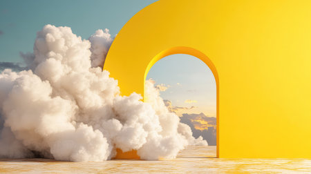 This artistic image features a bright yellow archway emerging from fluffy white clouds, set against a serene sky. The vibrant design evokes feelings of tranquility and joy.の素材