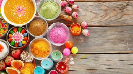 A vibrant arrangement of colorful powders, decorative items, and flowers displayed on a rustic wooden surface, ideal for celebrations and festivals.の素材