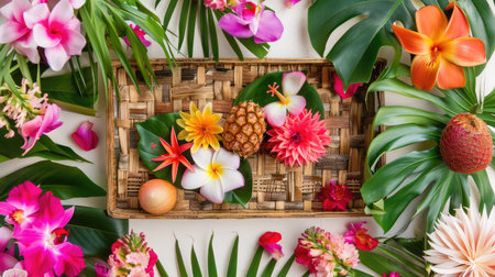 This captivating flat lay photo showcases a colorful arrangement of tropical flowers, fruits, and lush green leaves, beautifully presented in a decorative tray. Perfect for nature lovers and design enthusiasts.の素材