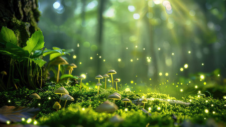 This image captures a serene forest floor adorned with delicate mushrooms, basking in soft sunlight rays that create an enchanting atmosphere.の素材