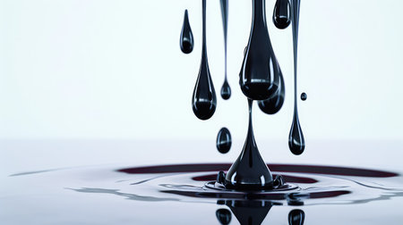 A captivating image of black liquid droplets falling onto a calm surface, creating ripples and delicate reflections. This artwork embodies elegance and fluid motion.の素材
