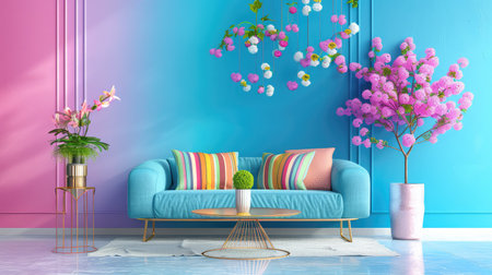 A vibrant living room scene showcasing a modern couch adorned with colorful cushions, complemented by floral decorations and a lively atmosphere.の素材
