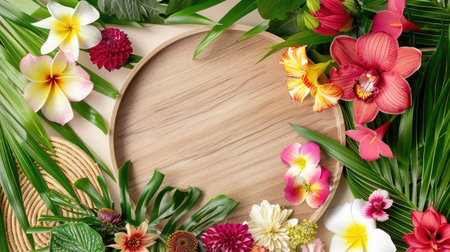 This image features a beautiful arrangement of vibrant flowers and lush tropical foliage surrounding a wooden circle, offering an elegant and natural frame, perfect for creative projects.の素材