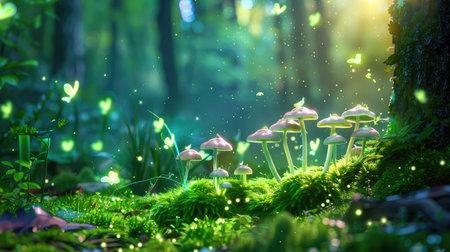 This enchanting forest scene captures glowing mushrooms surrounded by lush greenery, delicate fairies, and soft light, evoking a magical atmosphere perfect for fantasy themes.の素材