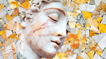 This stunning image features a delicate stone sculpture set against a vibrant mosaic background. The intricate details and vibrant colors highlight artistic craftsmanship and evoke beauty and elegance.の素材