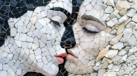 A stunning close-up of a mosaic featuring two lovers sharing a kiss. The intricate details and textures highlight the artistry and emotional connection between them.の素材
