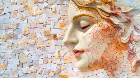 This captivating mosaic artwork displays a serene female face crafted from colorful tiles, capturing warmth and elegance through intricate details.の素材