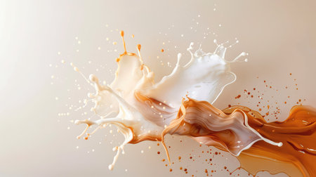 An artistic representation of a dynamic splash combining milk and coffee, capturing fluid motion and vibrant colors in a visually stunning way.の素材