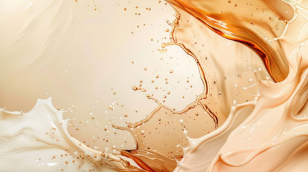Experience the captivating beauty of creamy liquid flowing with dynamic splashes and bubbles, capturing warmth and elegance in a stunning abstract style.の素材