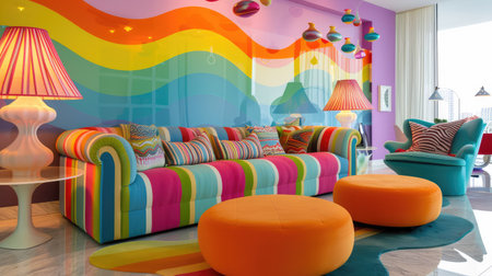 This vibrant living room features a stunning rainbow wall and playful furniture, creating a cheerful and inviting atmosphere for relaxation and creativity.の素材