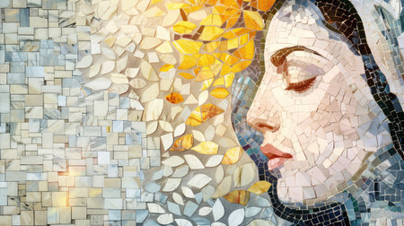 This stunning mosaic artwork features a tranquil portrayal of a woman's face, interwoven with beautiful abstract nature elements in soft yellow and white tones, embodying serenity.の素材