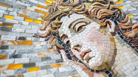 This stunning close-up captures the intricate details of a vibrant mosaic artwork, showcasing an elegant face in a colorful arrangement of tiles, reflecting artistry and cultural heritage.の素材
