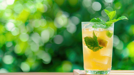 A vibrant glass of refreshing mint lemonade filled with ice cubes stands on a wooden surface against a soft, blurred green backdrop. Perfect for summer.の素材