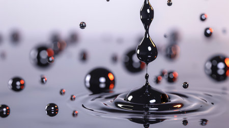 This striking image captures a single black droplet above a reflective water surface, surrounded by floating bubbles. The abstract composition highlights fluid dynamics and visual elegance.の素材