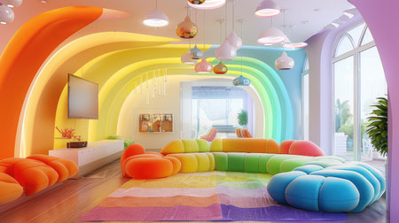 This vibrant and colorful living room features soft, whimsical seating arrangements and rainbow decor, perfect for a cheerful and inviting environment.の素材