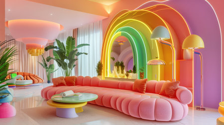 This vibrant living room features a uniquely designed pink sofa, colorful ambient lighting, and stylish decor elements, creating an inviting atmosphere.の素材
