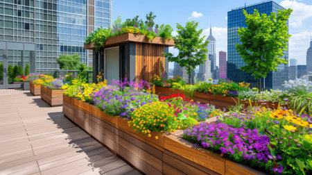 A stunning rooftop garden featuring an array of colorful flowers and plants in wooden planters, set against a vibrant city skyline, perfect for urban relaxation.の素材