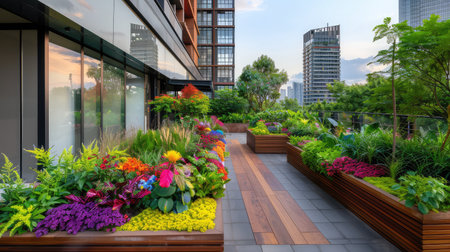 A stunning rooftop garden filled with an array of colorful plants and flowers, featuring a modern urban landscape in the background, creating a serene oasis.の素材