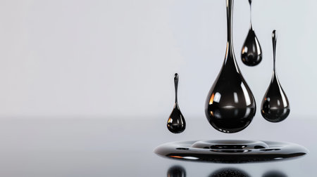 This stunning image captures black liquid drops elegantly suspended in mid-air above a reflective surface, showcasing fluid motion and modern elegance.の素材