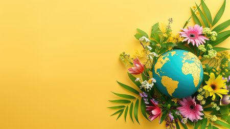 A captivating earth globe sits among a lush arrangement of colorful flowers and vibrant greenery, set against a cheerful yellow background, symbolizing nature's beauty.の素材