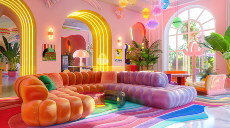 Explore a vibrant living room filled with colorful modern furniture, playful decor, and tropical plants, creating a cheerful and inviting atmosphere perfect for relaxation.の素材