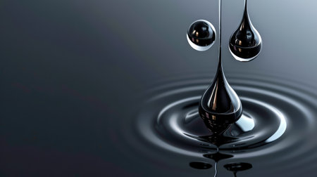 This captivating image features black liquid drops creating elegant ripples on a smooth surface, emphasizing beautiful textures and reflections.の素材