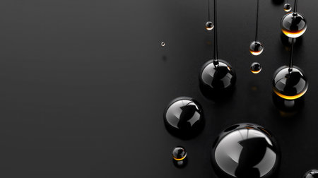 This image showcases elegant black liquid drops on a smooth surface, with highlights and reflections that create a stunning visual composition. Perfect for modern design themes.の素材