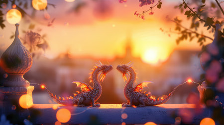 A stunning depiction of two fantasy dragons embracing at sunset, surrounded by blossoms and soft bokeh lights, creates a dreamlike atmosphere filled with magic.の素材