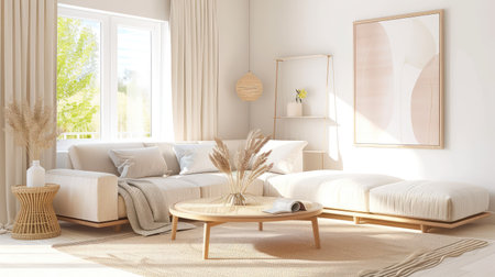 This bright and inviting living room features a cozy sofa bathed in natural light. The minimalist decor, with soft textures and warm hues, creates a serene atmosphere.の素材