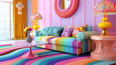 A lively living room featuring a strikingly colorful sofa, unique decor elements, and playful patterns. This design creates an inviting and cheerful ambiance that inspires creativity and comfort.の素材