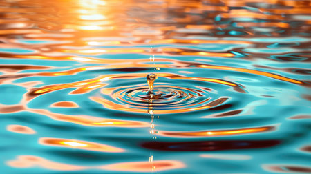 Captivating image of a water droplet creating mesmerizing ripples on a colorful surface, reflecting stunning hues of sunset. Ideal for nature themes.の素材