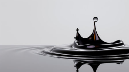 The image captures a striking black liquid splash with a droplet forming a crown shape, showcasing a serene minimalistic background and elegant ripples.の素材