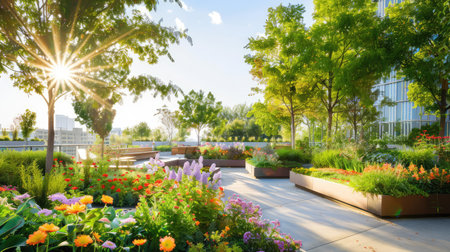 A serene rooftop garden bursting with vibrant flowers and lush greenery, basking in warm sunlight, offers a peaceful urban retreat for relaxation and enjoyment.の素材
