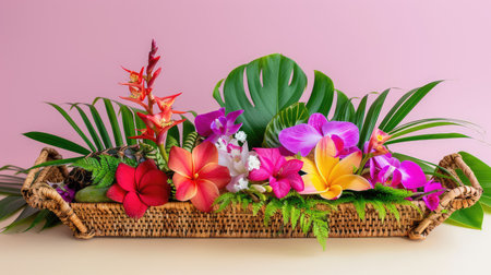A stunning arrangement of tropical flowers featuring a vibrant mix of colors and lush greenery against a soft pink backdrop, ideal for decor.の素材