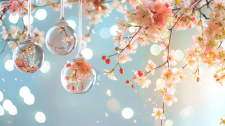 A serene scene featuring cherry blossoms with glass orbs suspended, creating a whimsical ambiance. The soft bokeh enhances the tranquil spring vibe.の素材