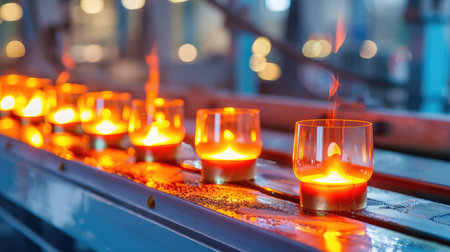 This captivating image features a series of candles glowing warmly on a conveyor belt in an industrial setting, showcasing the art of candle production.の素材