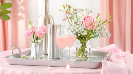 This serene image captures an elegant floral arrangement of pink roses alongside refreshing cocktails on a silver tray, perfect for celebrations.の素材