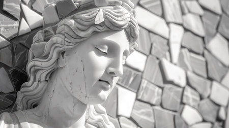 This stunning black and white image features a marble statue of a serene woman, showcasing intricate details and a textured mosaic background, evoking timeless beauty.の素材