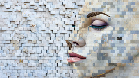 This captivating abstract art piece features a woman's face merging seamlessly with textured wall tiles, creating a stunning urban mural that inspires creativity.の素材