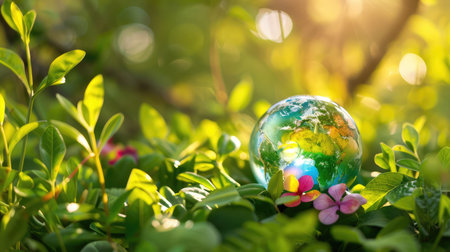 A vibrant glass sphere reflecting the Earth rests among lush green leaves and colorful flowers, illuminated by gentle sunlight in a peaceful setting.の素材