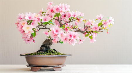 This stunning image features a pink cherry blossom bonsai tree, elegantly displayed in a ceramic pot with lush green moss, creating a peaceful ambiance.の素材