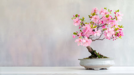 This beautiful bonsai tree features delicate pink blossoms, creating a serene and tranquil atmosphere. Perfect for home decor or as a thoughtful gift.の素材