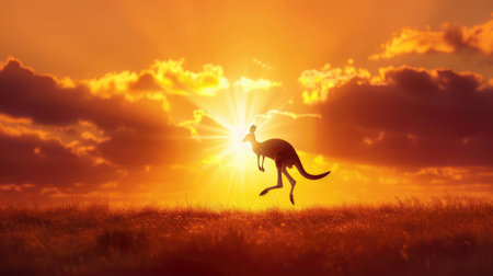A stunning silhouette of a kangaroo leaping against a vibrant sunset sky, framed by dramatic clouds and a golden horizon, capturing the essence of nature's beauty.の素材