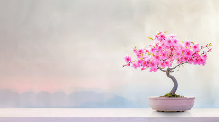 A breathtaking view of a delicate pink blooming bonsai tree set against a soft, misty background, evoking tranquility and natural beauty.の素材
