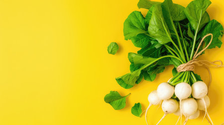 Vibrant arrangement of fresh white radishes with green leaves on a bright yellow background, perfect for food photography and healthy lifestyle themes.の素材