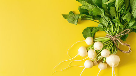 A vibrant display of fresh white radishes with green tops sits against a sunny yellow background. Perfect for culinary and health-related themes.の素材