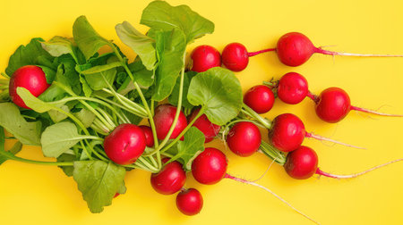 A bunch of fresh red radishes with vibrant green leaves arranged artistically against a bright yellow background, conveying freshness and health.の素材