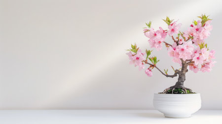 A stunning cherry blossom tree featuring delicate pink flowers in a sleek white pot. This image evokes tranquility and adds elegance to any interior space.の素材