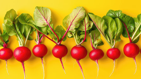 A vibrant image of fresh red radishes with green leaves displayed on a bright yellow background, highlighting their natural beauty and freshness for healthy meals.の素材