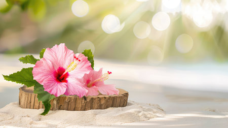 A serene arrangement of pink hibiscus flowers on a rustic wooden slice, set against a soft background with gentle light rays, perfect for relaxation themes.の素材